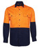 A long-sleeved work shirt featuring orange and navy colours with two chest pockets and a logo.