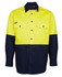 A high-visibility long-sleeve work shirt in bright yellow and navy blue, featuring two chest pockets and a logo.