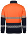 A segmented fleece jumper in orange and navy, featuring reflective stripes and a collar. It has a logo on the sleeve.