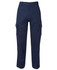 Navy cargo pants featuring side pockets and a button closure, designed with a straight-leg cut.