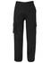Black cargo pants featuring multiple pockets and a classic fit, with a logo on one of the pockets.