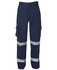 Navy work pants featuring reflective tape, with multiple cargo pockets and a logo. Suitable for workwear.