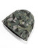 A green and grey patterned knitted beanie with a logo on the side.