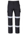 A pair of black cargo pants featuring reflective tape and multiple pockets, with a logo on the fabric.