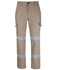 A pair of khaki cargo pants featuring reflective D+N tape, with multiple pockets and a brand logo.