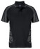 A black polo shirt with grey accents, featuring a collar and buttons. It includes a logo on the upper section.