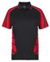 A black and red polo shirt featuring a logo and contrasting side panels.