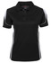 A black polo shirt with white accents and a collar, featuring a logo.