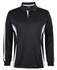 A black long-sleeve polo shirt with white accents and a logo on the chest.
