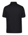 A black polo shirt with light blue accents and a logo on the back.