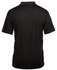 A black polo shirt featuring a collar and short sleeves, with a subtle branding detail on the back.