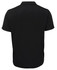 A black polo shirt displayed from the back, featuring a collar and a branding logo.