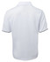 A white polo shirt featuring short sleeves, with contrasting black detailing and a logo on the back.