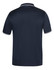 A navy polo shirt with contrasting stripes on the collar and sleeves, featuring a logo.