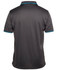 A dark grey polo shirt with a jacquard texture and contrast blue detailing on the collar and sleeves.