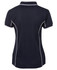 A navy polo shirt with white piping details and a logo, featuring a classic collar and short sleeves.