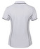 A white polo shirt with grey piping details at the collar and sleeves, featuring a logo on the back.