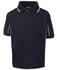 A navy blue polo shirt with white piping, featuring a collar and short sleeves, includes a branding logo.