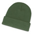 A green beanie with a folded cuff.