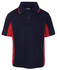 A navy blue and red polo shirt with a collar and logo. Short sleeves with contrasting side panels.