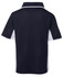 A black and white polo shirt with short sleeves and a collar, featuring a logo.