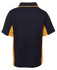 A navy and yellow polo shirt with a collar and short sleeves, featuring a logo on the back.