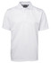 A white polo shirt with a collared neckline and short sleeves, featuring a logo on the chest.