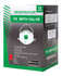 A green and white box containing 12 P2 respirators with valves, featuring a logo and product details.