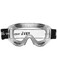 A pair of clear antifog goggles with a black elastic strap featuring a logo.