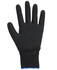 A black nitrile glove with a textured surface and a blue cuff. The glove has a fitted design and a brand logo.