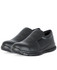 A pair of black microfibre shoes with a slip-on design and a logo on the side.
