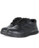 A black lace-up steeltoe shoe with a casual design, featuring a textured upper and a thick sole.