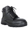 A black safety boot with sturdy laces and reinforced toe, featuring a rugged sole and ankle support.