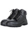 A pair of black safety boots with eyelets and laces, featuring a rugged sole and ankle support.