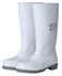 A pair of knee-high white boots with grey soles, featuring a distinctive logo.