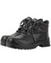 A pair of black lace-up boots with a textured finish and a rubber sole, featuring a logo on the side.