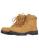 A pair of brown composite toe style boots with a sturdy black sole and laces. The boots feature reinforced stitching and branding.