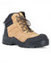 A safety boot featuring a tan suede upper with a black collar and a durable rubber sole. The boot has a logo on its side.