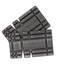 A pair of grey adjustable sizing knee pads with a textured surface, featuring a logo.