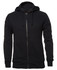 A black zip-up hoodie featuring a hood, long sleeves, and a fitted design. The garment has a logo.