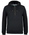 A black 1/2 zip hoodie featuring a front pocket and drawstring hood, with a logo on the label.