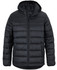 A black hooded puffer jacket with a zip front and quilted design, featuring a logo on the chest.