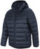 A black hooded puffer jacket with a zip front, featuring a logo on the chest.