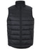 A black puffer vest with a high collar and zip front, featuring side pockets and a branded logo.