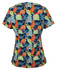 A colourful scrub top featuring a playful dinosaur print on a navy background. It has a logo on it.