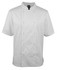 A white short-sleeve chef's jacket featuring snap buttons and a mandarin collar, with a branding logo.