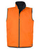 An orange reversible vest with a black interior, featuring a front zip and side pockets. It has a logo on it.