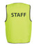 A lime green safety vest featuring the word "STAFF" on the back, outlined with reflective material.