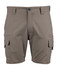 Khaki multi-pocket shorts featuring a button closure and cargo-style pockets, with a branded logo.