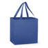 A blue tote bag with double handles and a square base. It includes a logo.